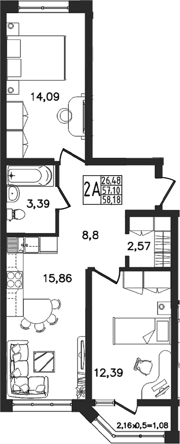 3-комн., 57.1 м², 11/16 этаж, ЖК «Яблоневый»