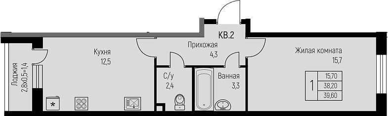 1-комн., 38.2 м², 1/3 этаж, ЖК «Nova Vita»