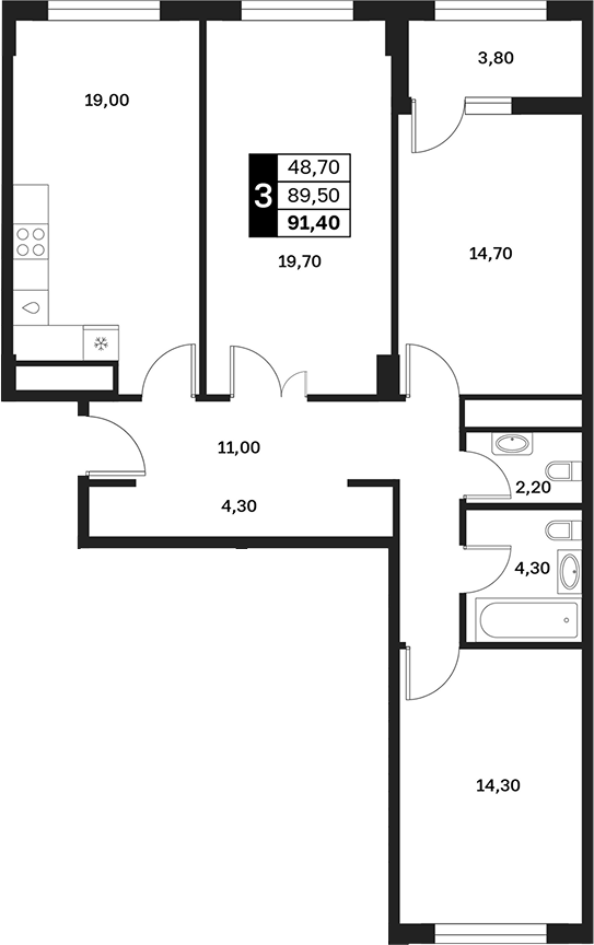 3-комн., 89.5 м², 10/15 этаж, ЖК «Аксис Патриот»