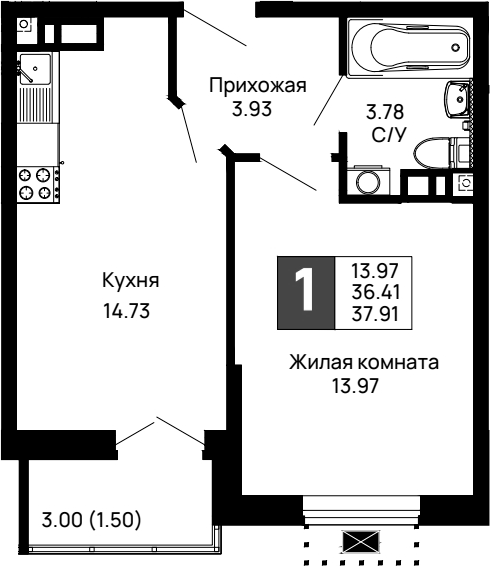 1-комн., 36.41 м², 3/13 этаж, ЖК «Долина»