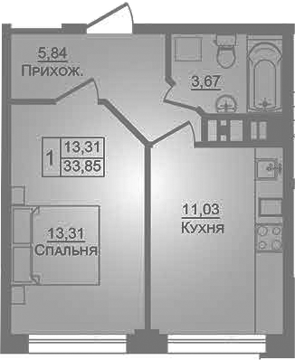 1-комн., 33.85 м², 1/9 этаж, ЖК «Портрет»