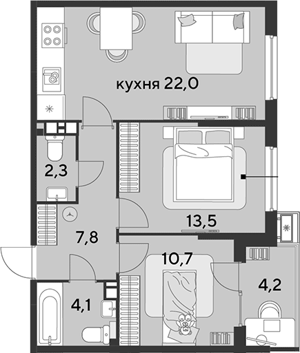 3-комн., 60.4 м², 4/9 этаж, ЖК «Парк Победы»