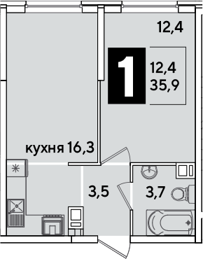 2-комн., 35.9 м², 2/16 этаж, ЖК «Самолет»