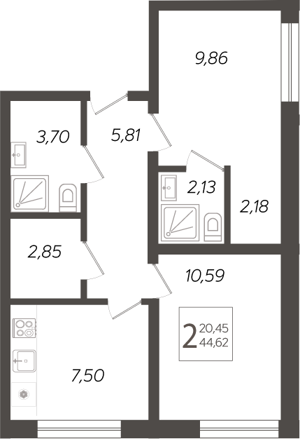 2-комн., 44.62 м², 1/19 этаж, ЖК «Кислород»