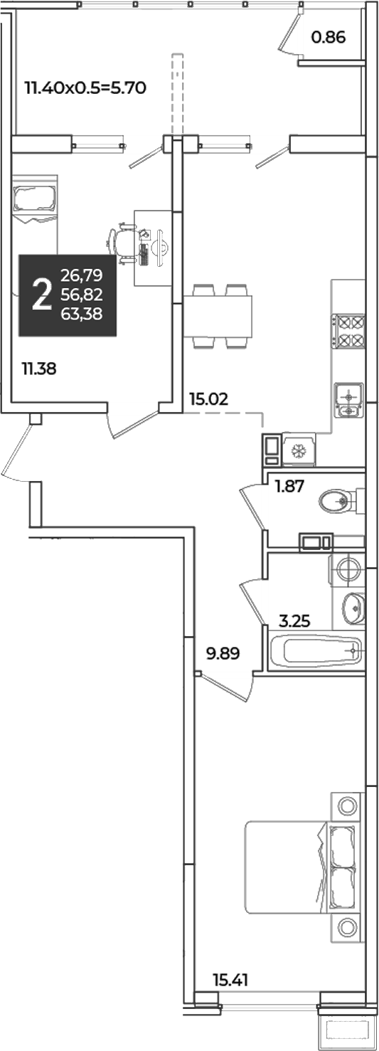 2-комн., 56.82 м², 8/18 этаж, ЖК «Образцово»