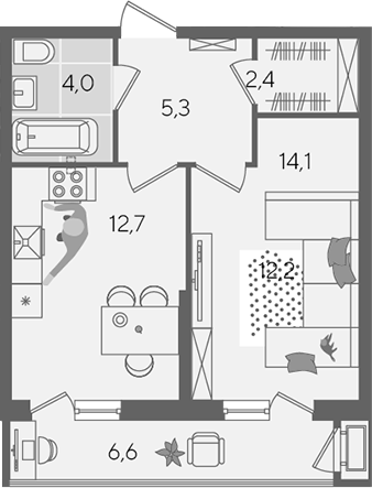 1-комн., 38.5 м², 2/24 этаж, ЖК «Рекорд»