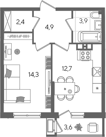 1-комн., 38.2 м², 3/24 этаж, ЖК «Рекорд»