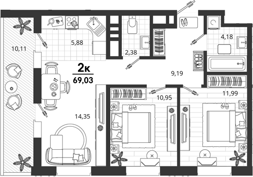 2-комн., 58.92 м², 16/18 этаж, ЖК «Родные Просторы»