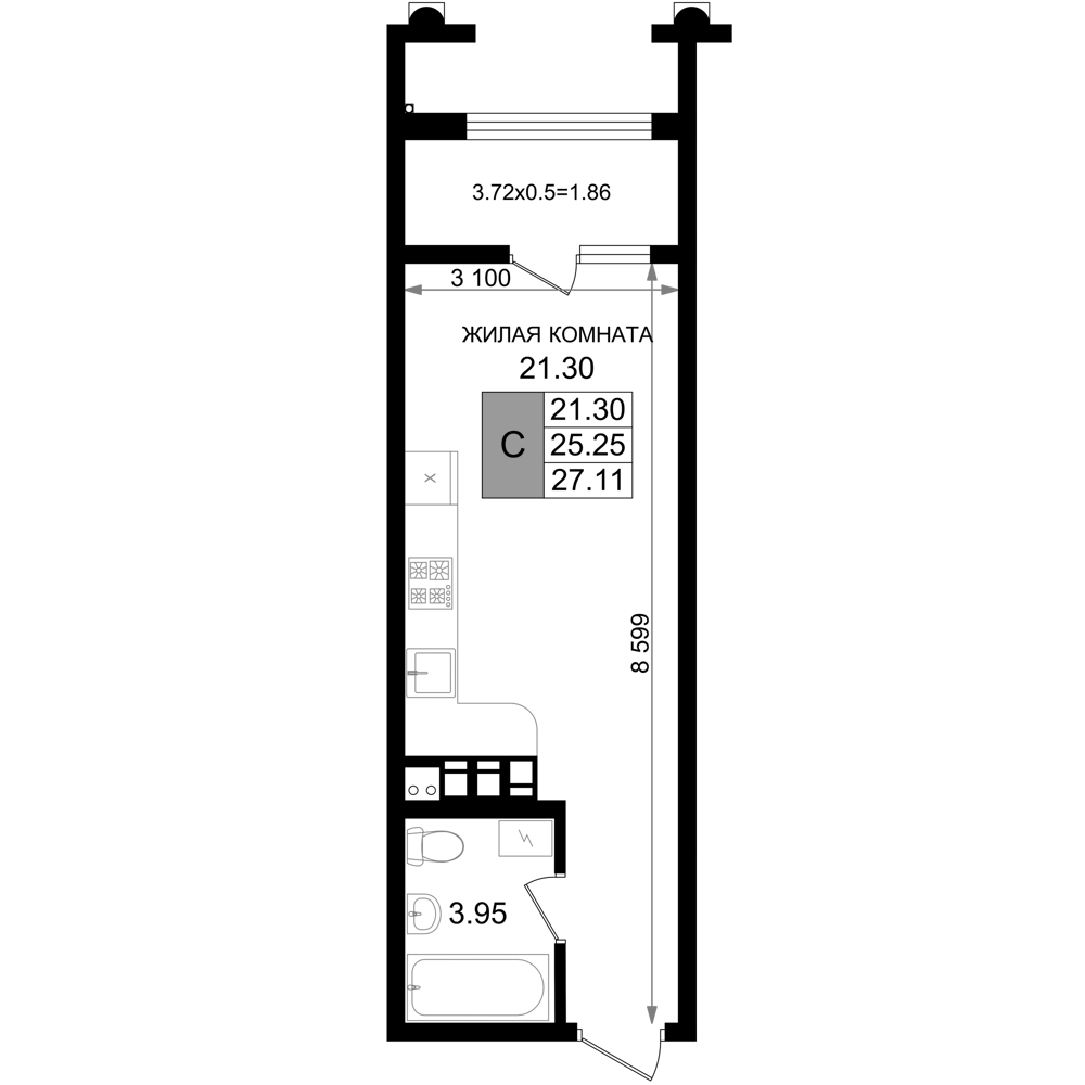 Студия, 25.25 м², 5/8 этаж, ЖК «Резиденция морей»