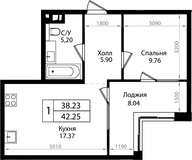 2-комн., 38.23 м², 13/18 этаж, ЖК «Патрики»