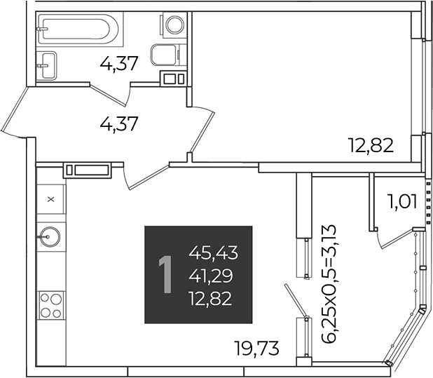 1-комн., 41.29 м², 13/21 этаж, ЖК «Образцово»