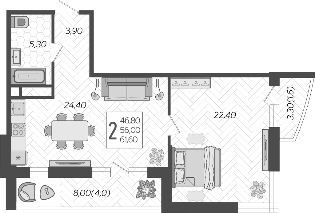 2-комн., 56 м², 15/16 этаж, ЖК «Зеленодар»