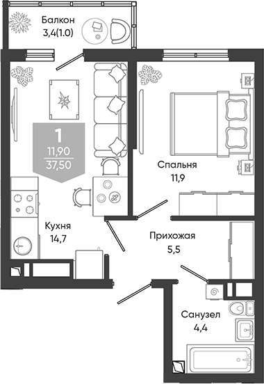 1-комн., 36.5 м², 7/24 этаж, ЖК «Облака»
