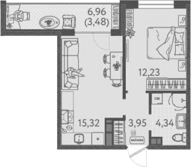 1-комн., 35.84 м², 5/8 этаж, ЖК «Друзья»
