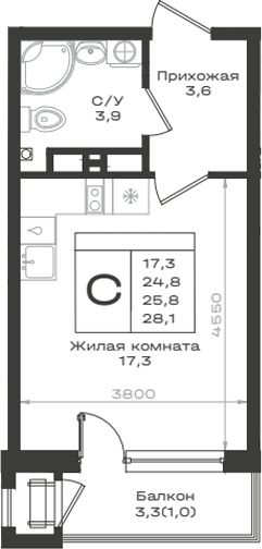 Студия, 24.8 м², 3/12 этаж, ЖК «Нагория»