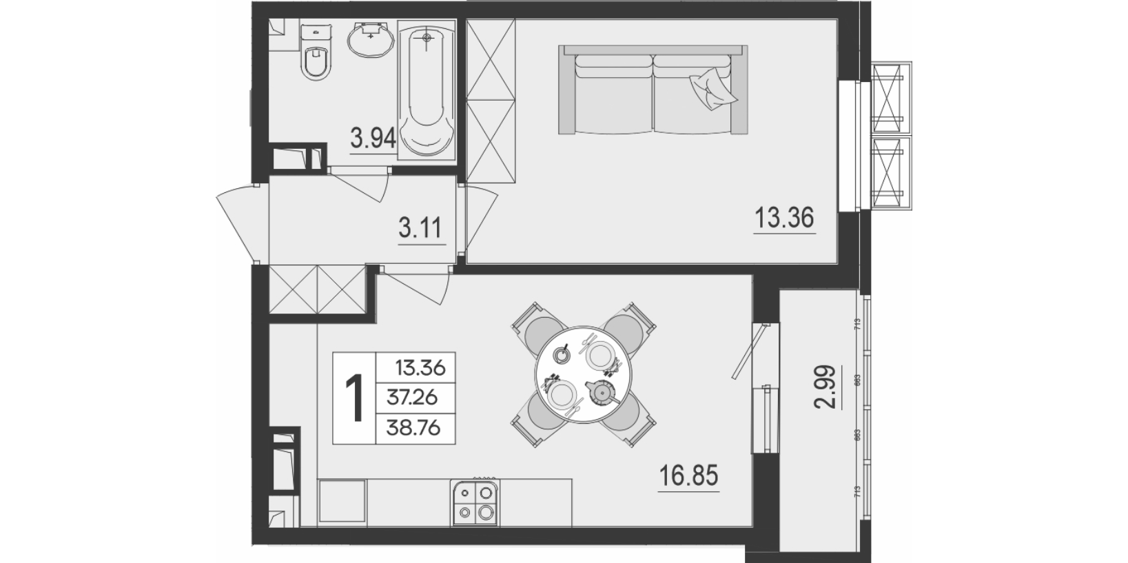Продается 1-комн. квартира, 37.26 м²