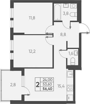 2-комн., 53.6 м², 7/15 этаж, ЖК «Барса»