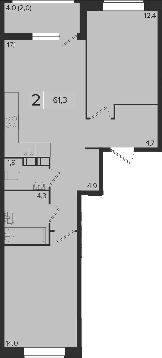 2-комн., 59.8 м², 5/9 этаж, ЖК «Эрмитаж»