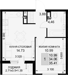 1-комн., 34.06 м², 12/18 этаж, ЖК «Фонтаны»