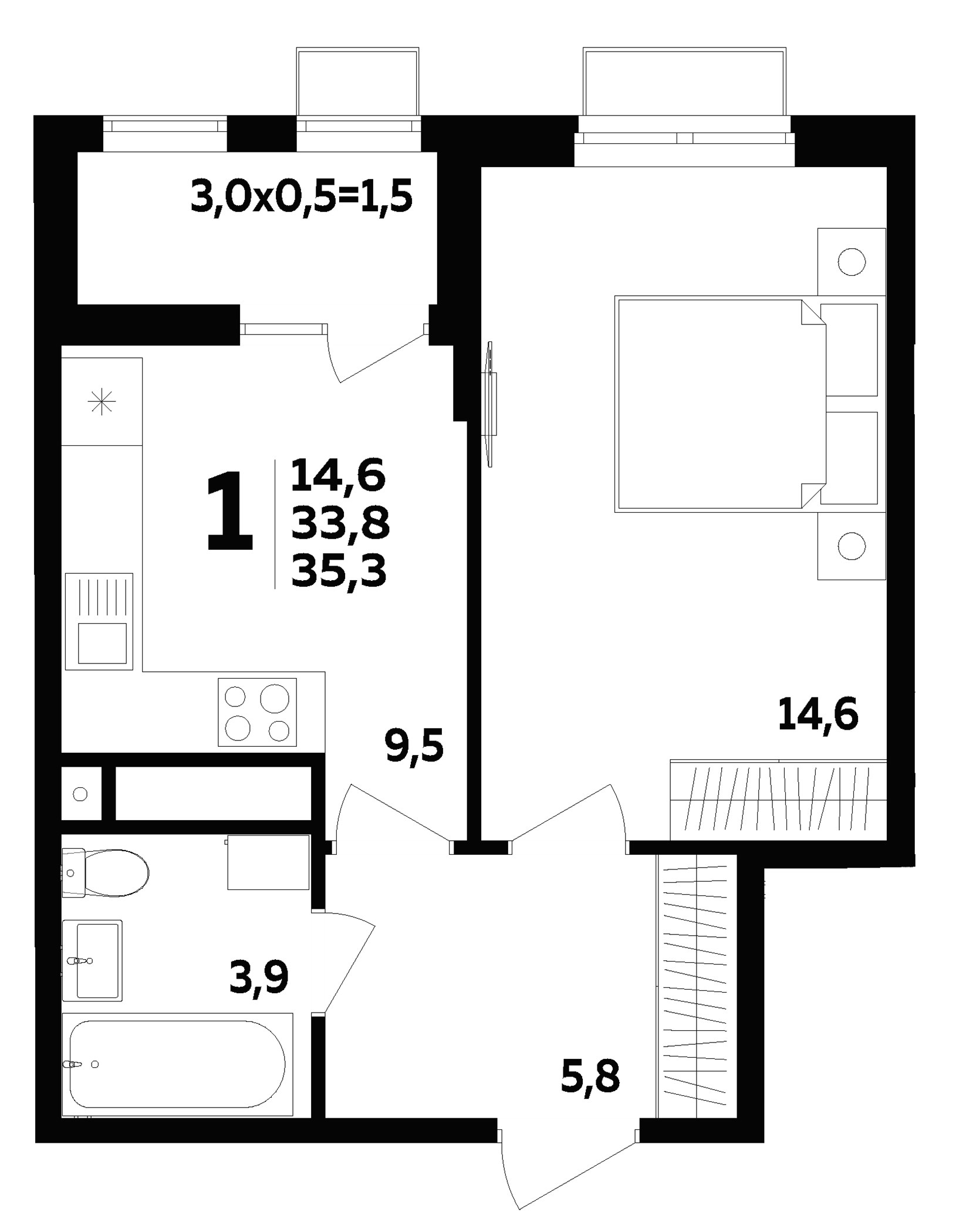 1-комн., 33.8 м², 8/16 этаж, ЖК «МегаСити»