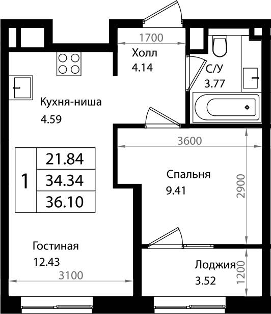 2-комн., 34.34 м², 7/10 этаж, ЖК «Патрики»