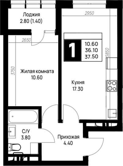 1-комн., 36.1 м², 7/9 этаж, ЖК «На высоком берегу»