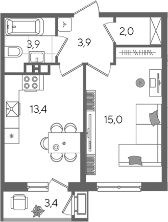 1-комн., 38.2 м², 6/24 этаж, ЖК «Рекорд»