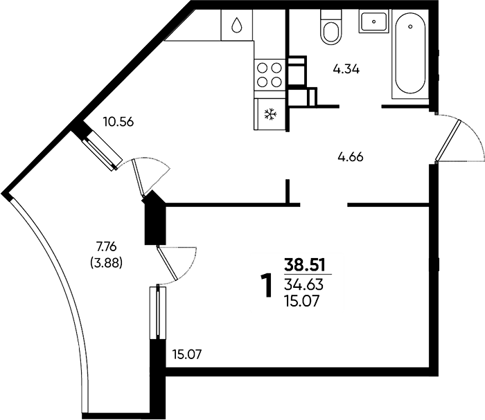 1-комн., 34.63 м², 10/22 этаж, ЖК «Достояние»