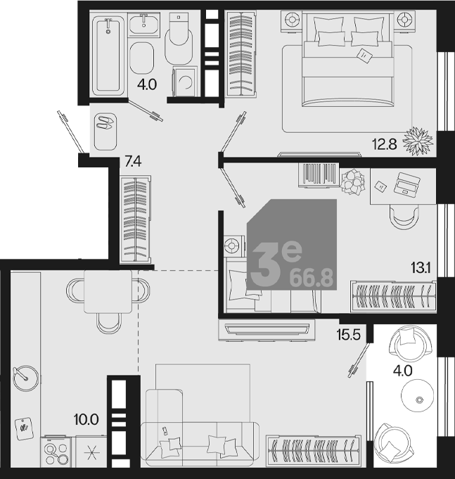 3-комн., 62.8 м², 18/18 этаж, ЖК «Первое место»