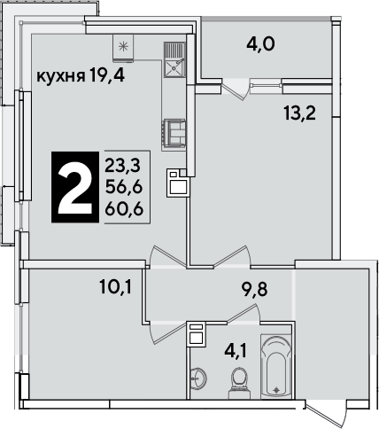 3-комн., 56.6 м², 9/16 этаж, ЖК «Самолет»