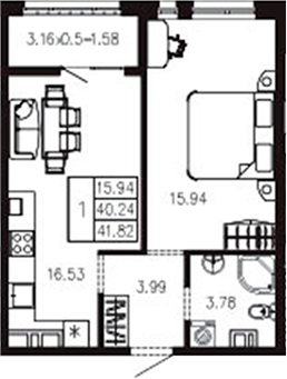 1-комн., 40.22 м², 2/9 этаж, ЖК «Суворов»