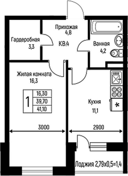 1-комн., 39.7 м², 1/3 этаж, ЖК «Nova Vita»