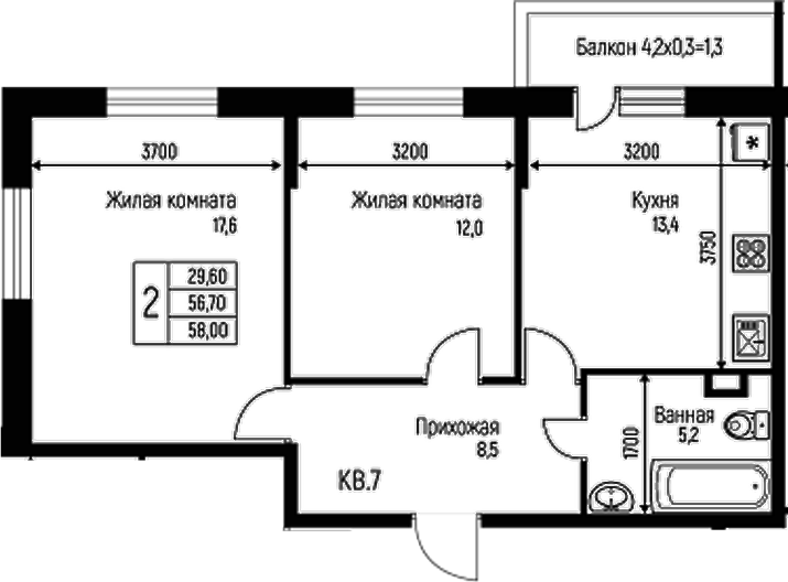 2-комн., 56.7 м², 1/3 этаж, ЖК «Nova Vita»