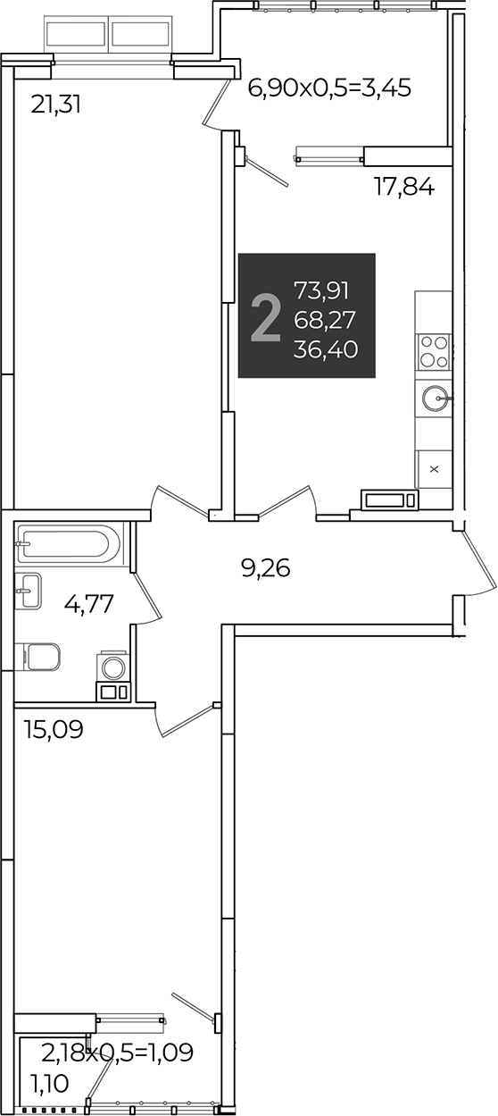 2-комн., 68.27 м², 12/21 этаж, ЖК «Образцово»