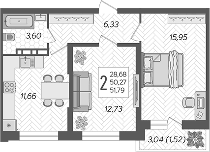 2-комн., 50.27 м², 3/16 этаж, ЖК «Смородина»