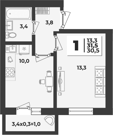 1-комн., 30.5 м², 1/5 этаж, ЖК «Дарград»