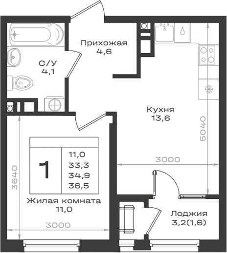 1-комн., 33.3 м², 3/9 этаж, ЖК «Нагория»