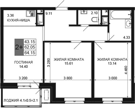 3-комн., 62.05 м², 6/16 этаж, ЖК «Сегодня»