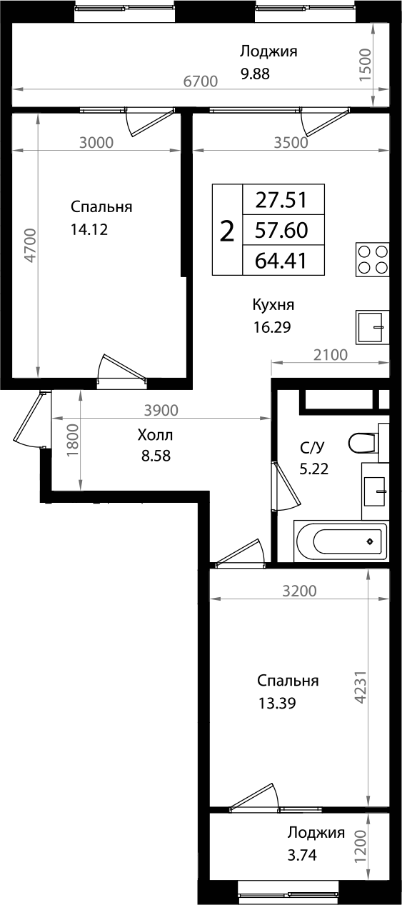 3-комн., 57.6 м², 5/10 этаж, ЖК «Патрики»