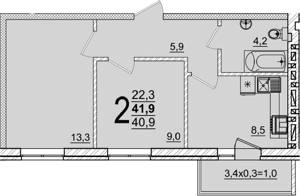 Продается 2-комн. квартира, 40.9 м²