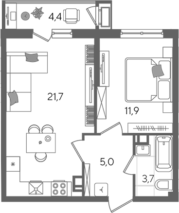 2-комн., 42.3 м², 10/24 этаж, ЖК «Рекорд»