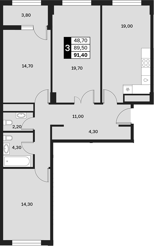 3-комн., 89.5 м², 10/15 этаж, ЖК «Аксис Патриот»