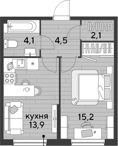 1-комн., 39.8 м², 2/16 этаж, ЖК «DОГМА ПАРК»