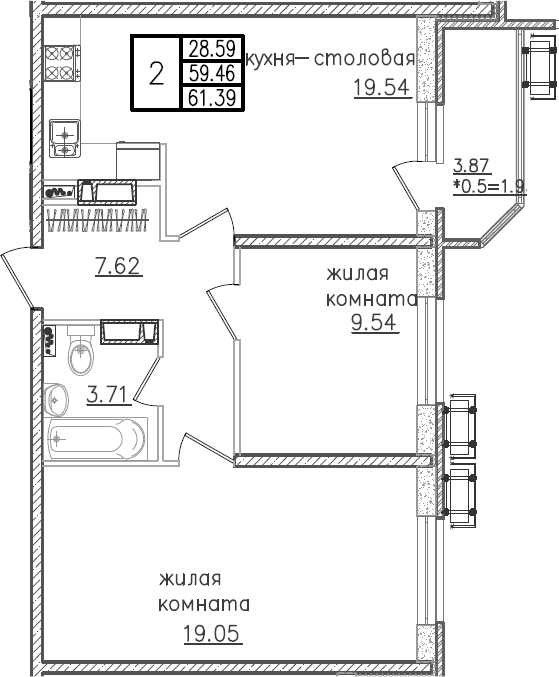 3-комн., 59.46 м², 23/23 этаж, ЖК «Урал»