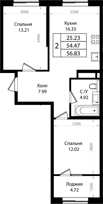 3-комн., 54.47 м², 7/9 этаж, ЖК «Патрики»