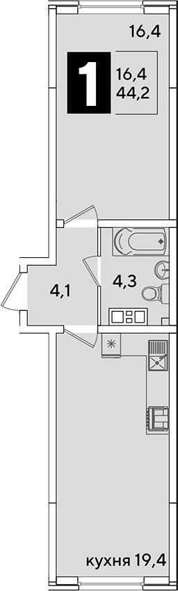 2-комн., 44.2 м², 6/16 этаж, ЖК «Самолет»