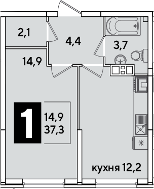 1-комн., 37.3 м², 3/16 этаж, ЖК «Самолет»