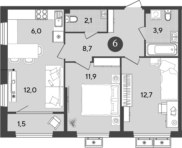 3-комн., 57.3 м², 7/9 этаж, ЖК «Порто-Ново»