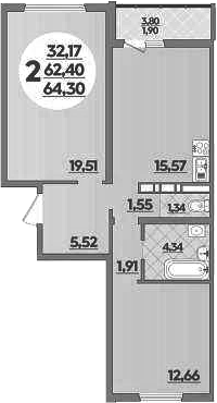 2-комн., 62.4 м², 7/9 этаж, ЖК «Предгорье Лаго-Наки»