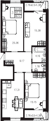 3-комн., 83.34 м², 2/9 этаж, ЖК «Суворов»
